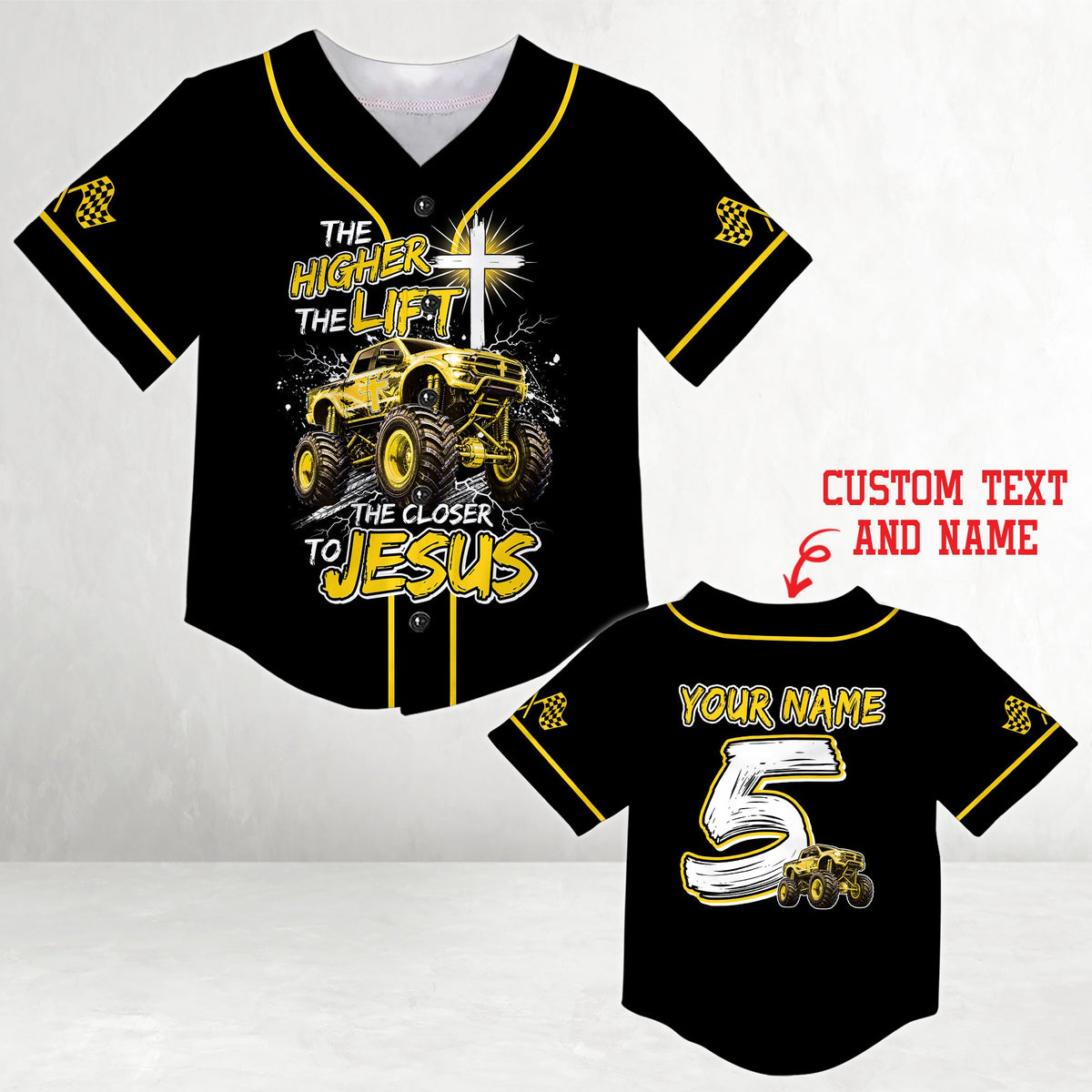 Another detail shot of the faith and monster trucks baseball jersey material
