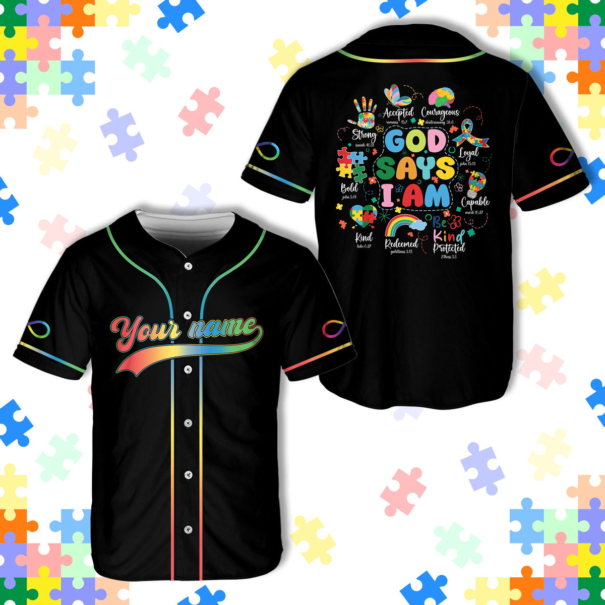 Black faith and autism awareness baseball jersey showing custom name, front view