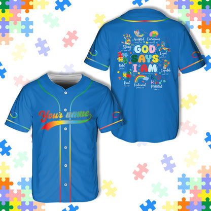 Blue personalized baseball jersey with faith and autism awareness design