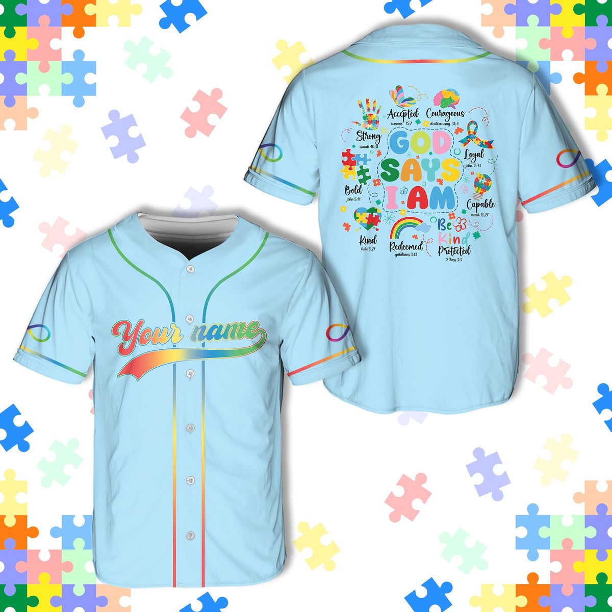 Light blue custom autism baseball jersey showing personalized script