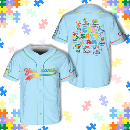 Light blue custom autism baseball jersey showing personalized script