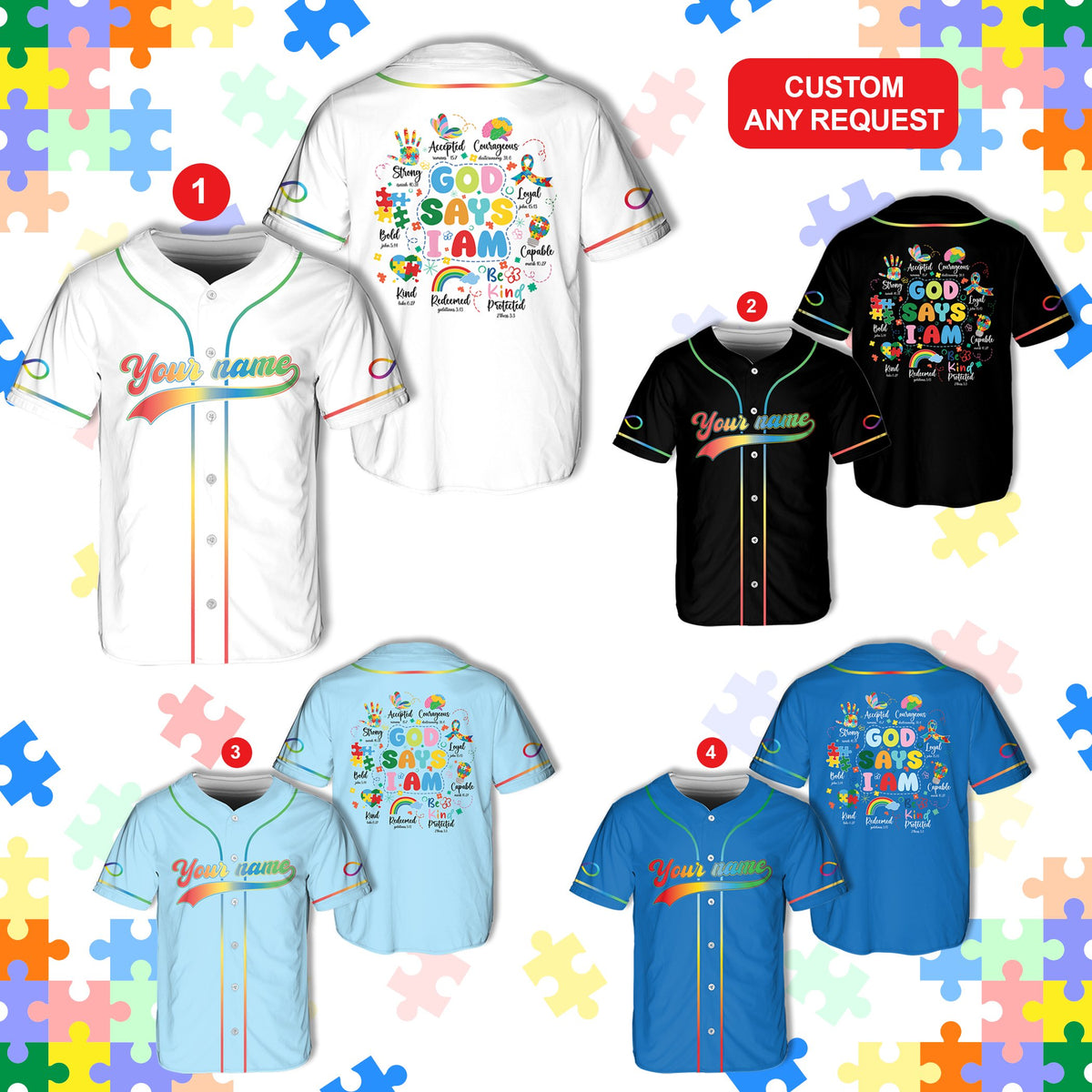 White faith baseball jersey with custom name and colorful gradient trim