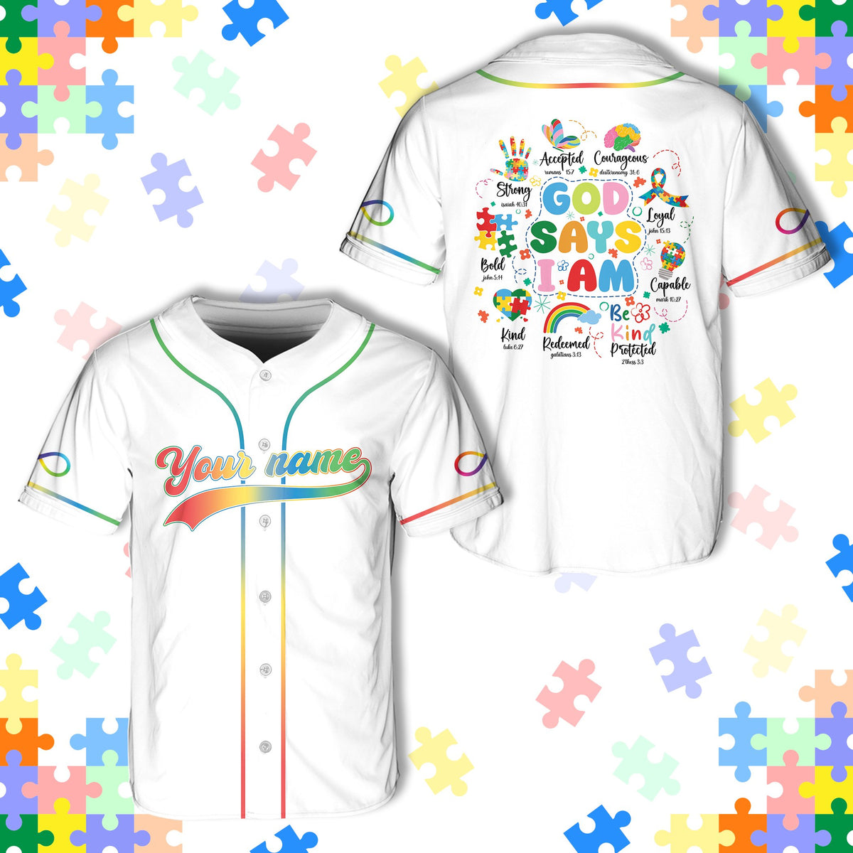 White personalized baseball jersey showcasing vibrant colors and custom name front