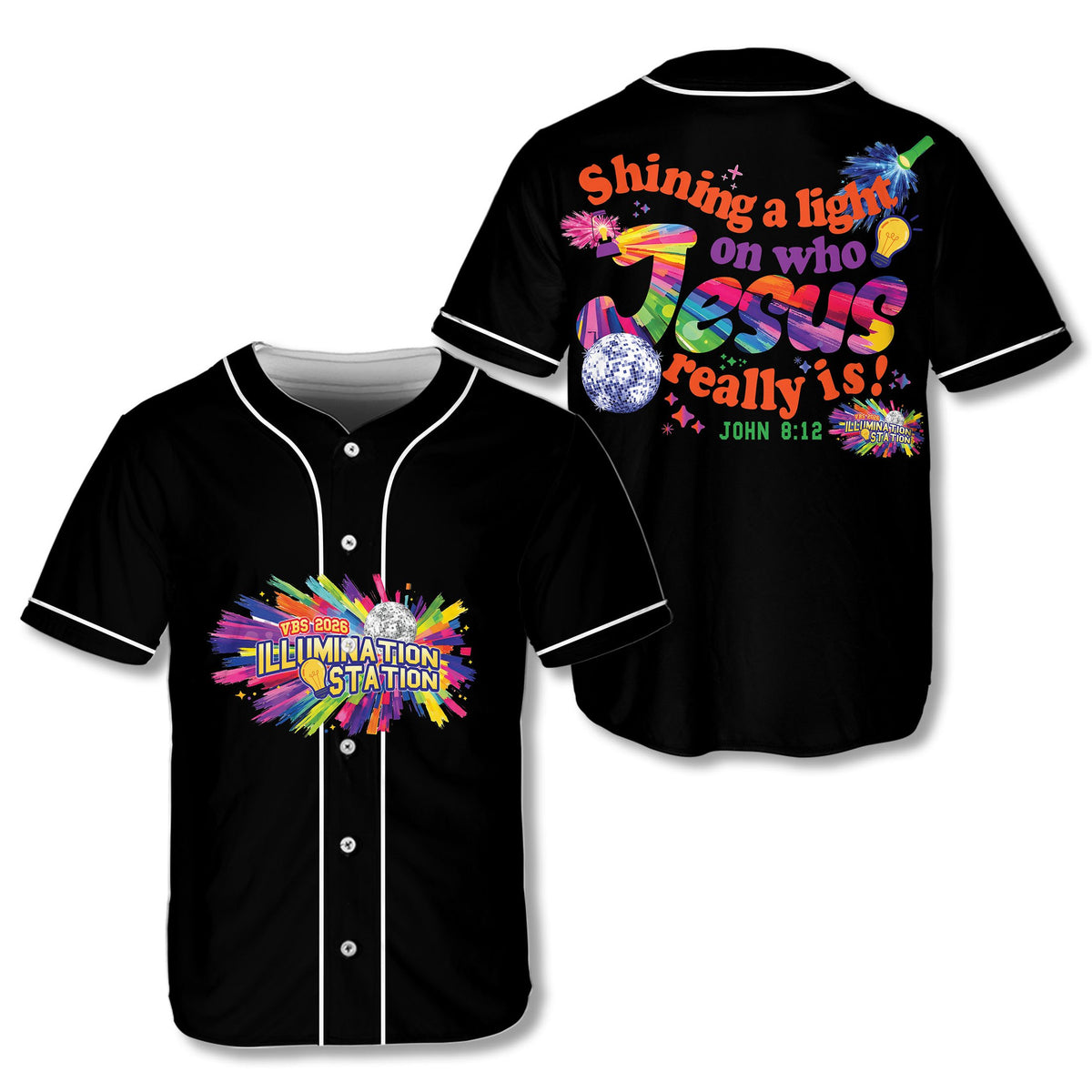 Front view of black faith baseball jersey featuring colorful Illumination Station text and paint splatters