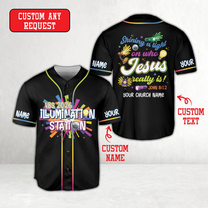Personalized faith baseball jersey in black featuring custom name and number and Illumination Station design, front view
