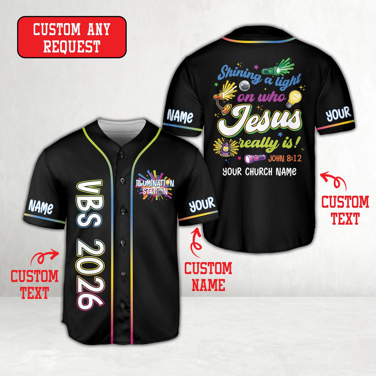 Black custom baseball jersey with faith theme, front view