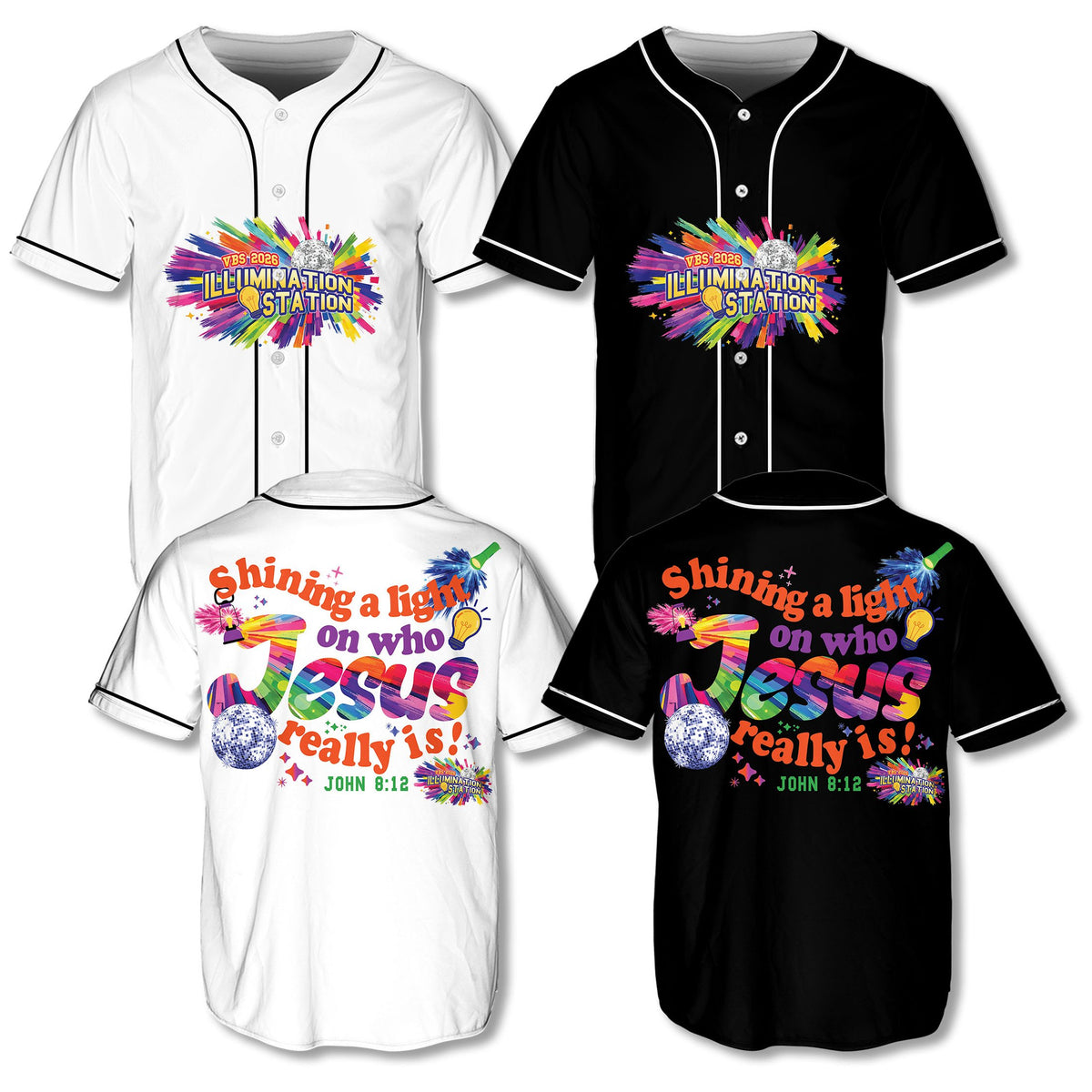 Back view of black faith baseball jersey showing John 8:12 verse and flashlight graphics