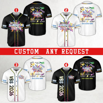 Front view of the personalized faith baseball jersey featuring colorful VBS elements