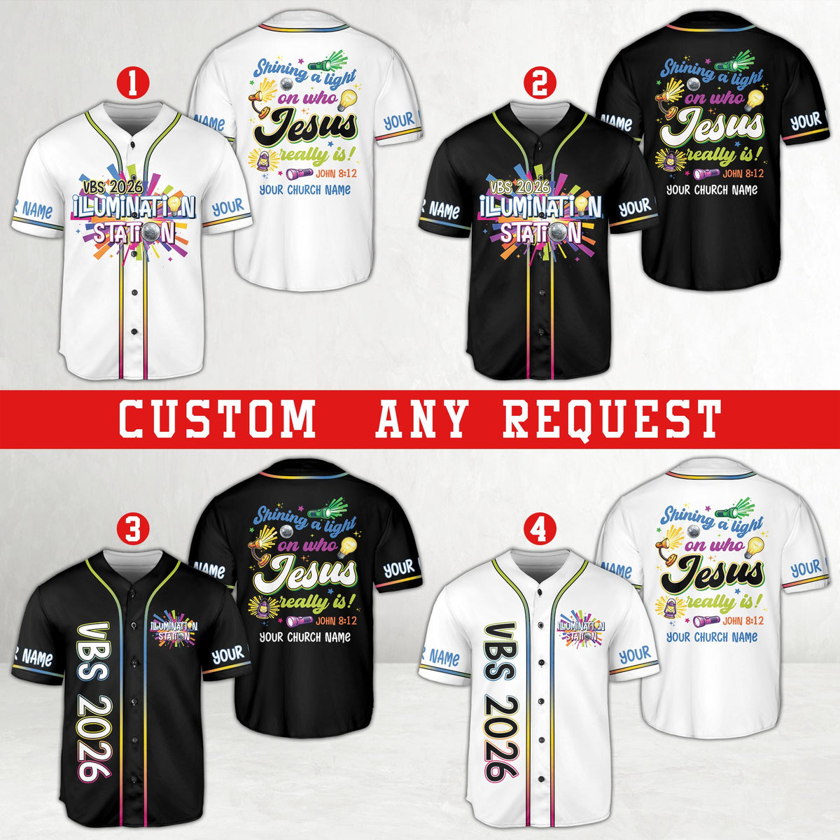 Faith baseball jersey front view displaying VBS 2026 Illumination Station design