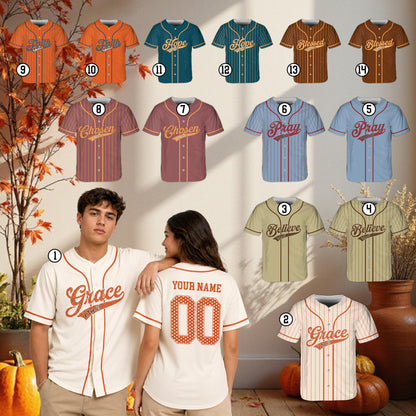 Lifestyle view of adult wearing personalized faith baseball jersey with fall theme background
