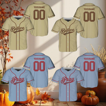 Multicolor view of personalized baseball jersey displaying polka dot accents