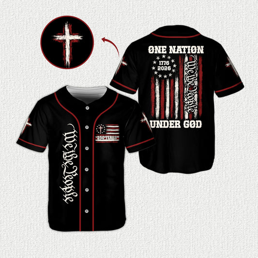 Faith / patriotic baseball jersey in black featuring 'We the People' and a cross design, main view