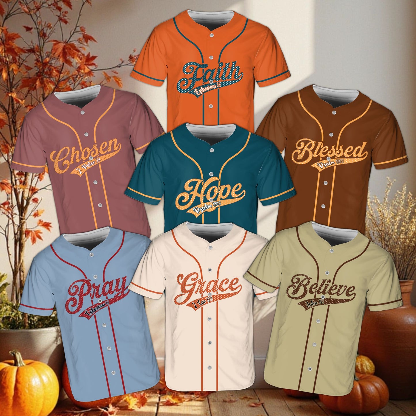 Detail view of script font and Bible verse on personalized jersey