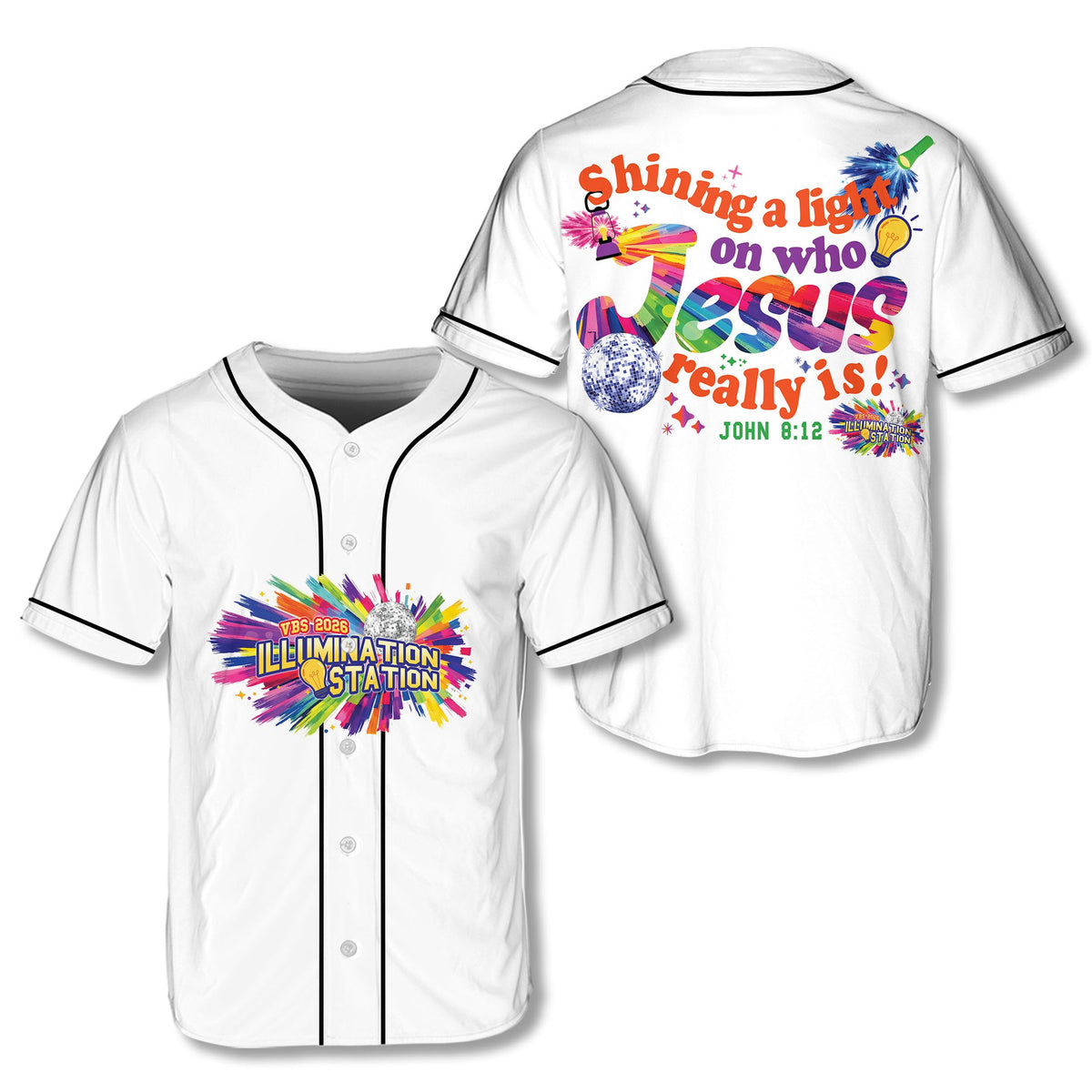 Front view of white faith baseball jersey with colorful Illumination Station design