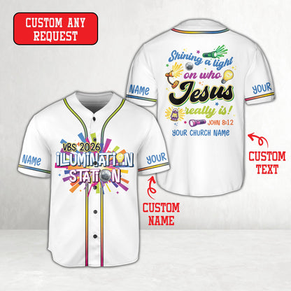 Personalized baseball jersey in white with colorful starburst faith design, front view