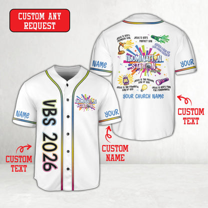 Personalized faith baseball jersey in white with colorful lantern and disco ball graphics, front view