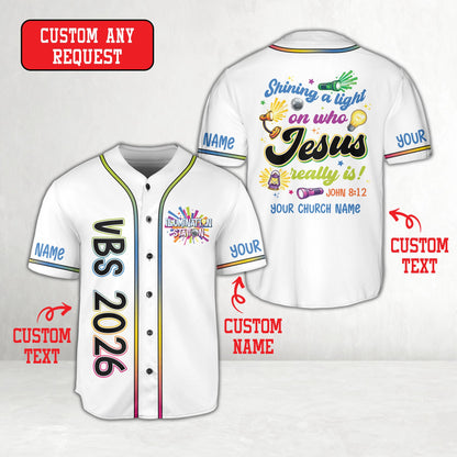 White personalized baseball jersey with Illumination Station design, front view