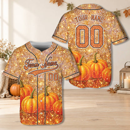 Front view of the personalized fall baseball jersey showing pumpkin details along the bottom edge