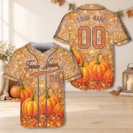 Personalized fall / thanksgiving baseball jersey featuring a gold glitter-effect background and orange pumpkins, custom name and number
