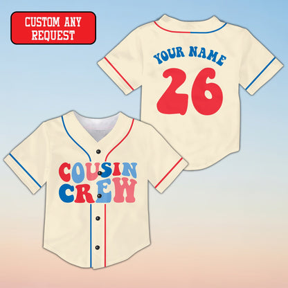 Beige family baseball jersey with Cousin Crew retro font, front view
