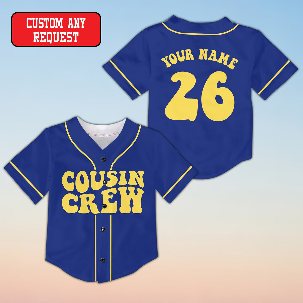 Blue family baseball jersey with Cousin Crew retro font, front view