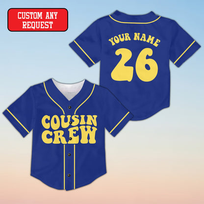 Blue family baseball jersey with Cousin Crew retro font, front view
