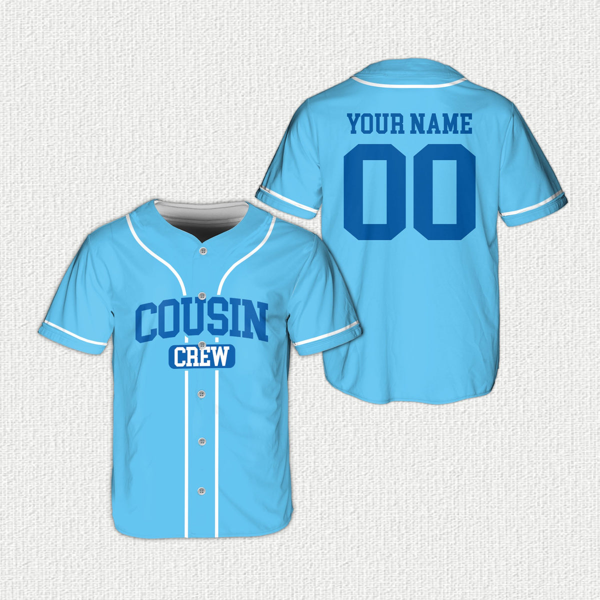 Front view of the personalized family baseball jersey in light blue