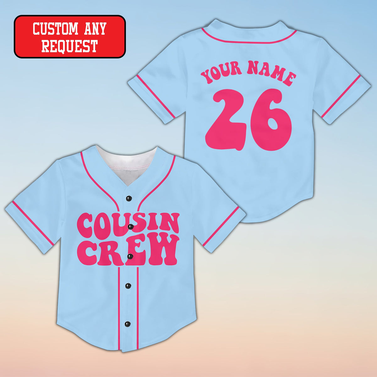 Light blue family baseball jersey with Cousin Crew retro font, front view