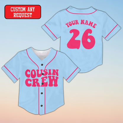 Light blue family baseball jersey with Cousin Crew retro font, front view