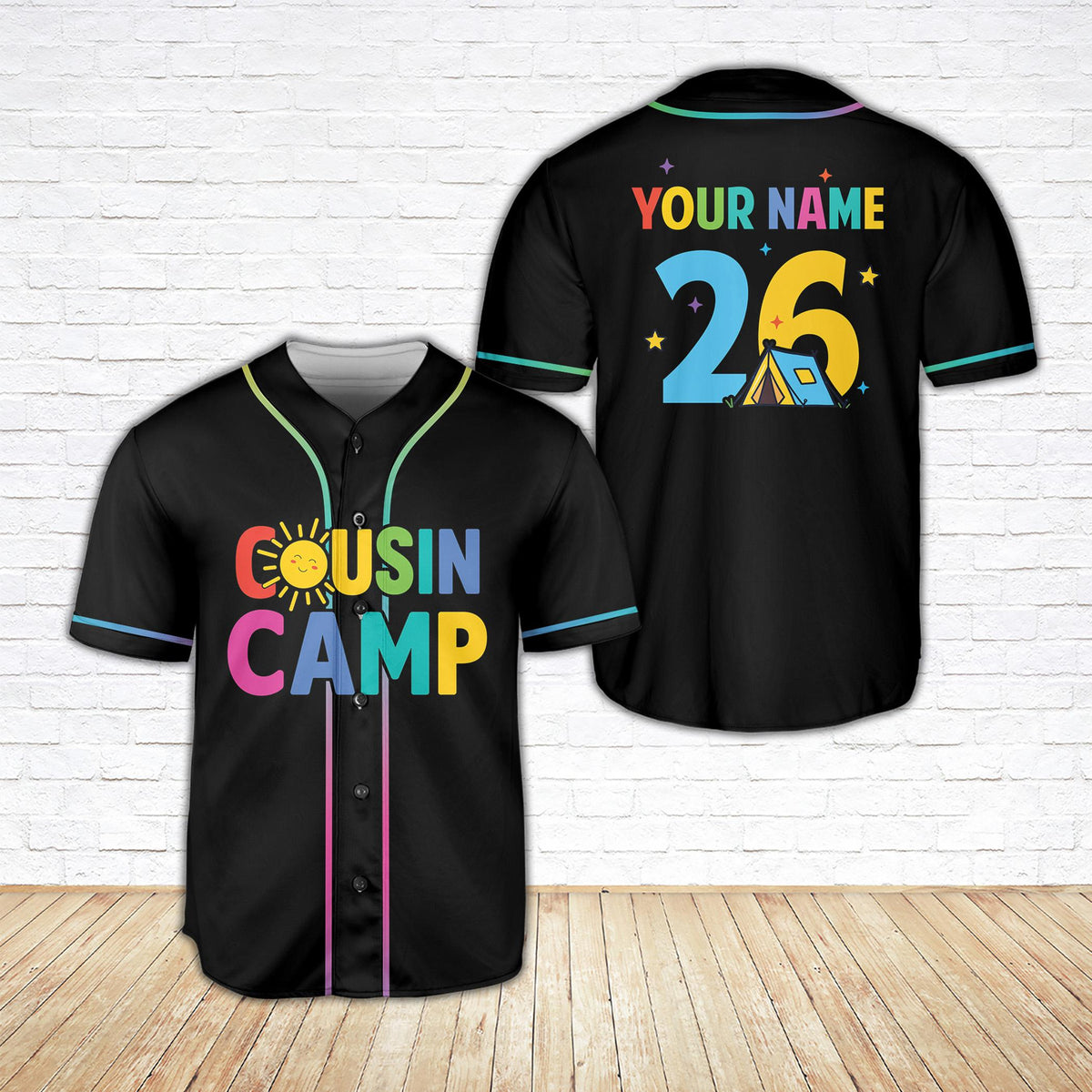 Main view of the black family camp baseball jersey with custom name and number