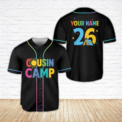 Main view of the black family camp baseball jersey with custom name and number