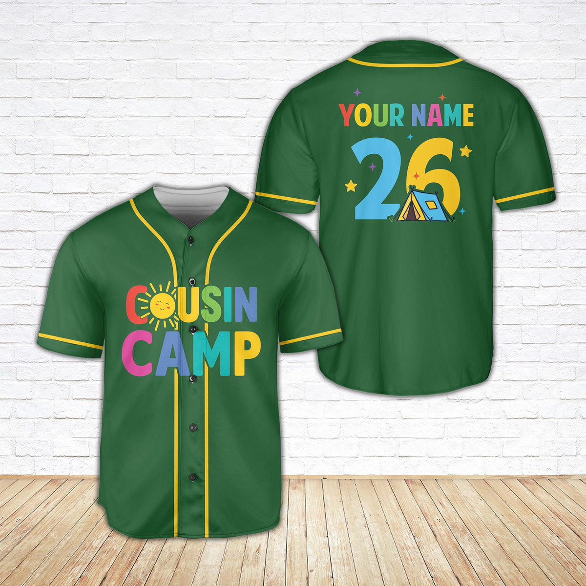 Front view of the green family camp baseball jersey