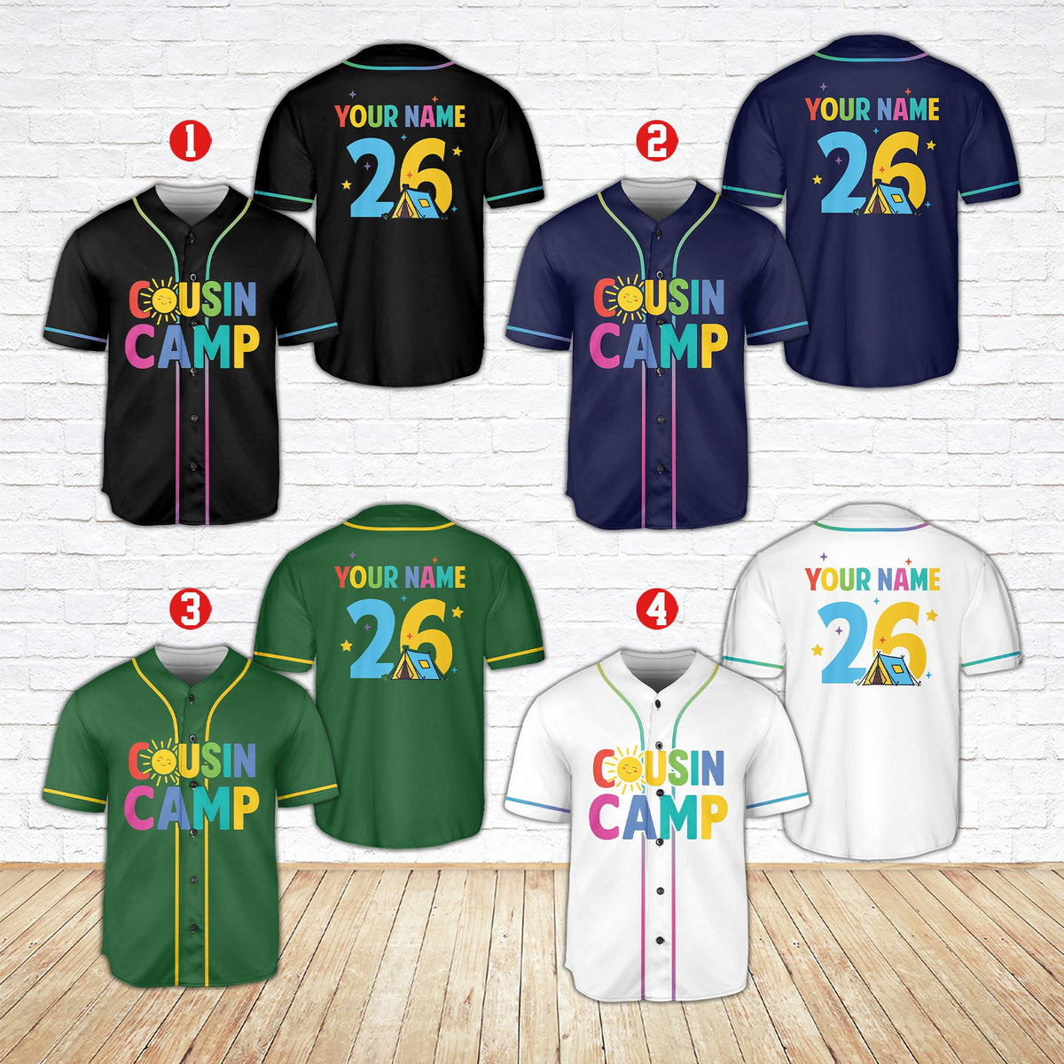 Front view of the multicolor family camp baseball jersey