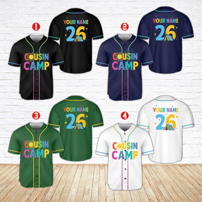 Front view of the multicolor family camp baseball jersey