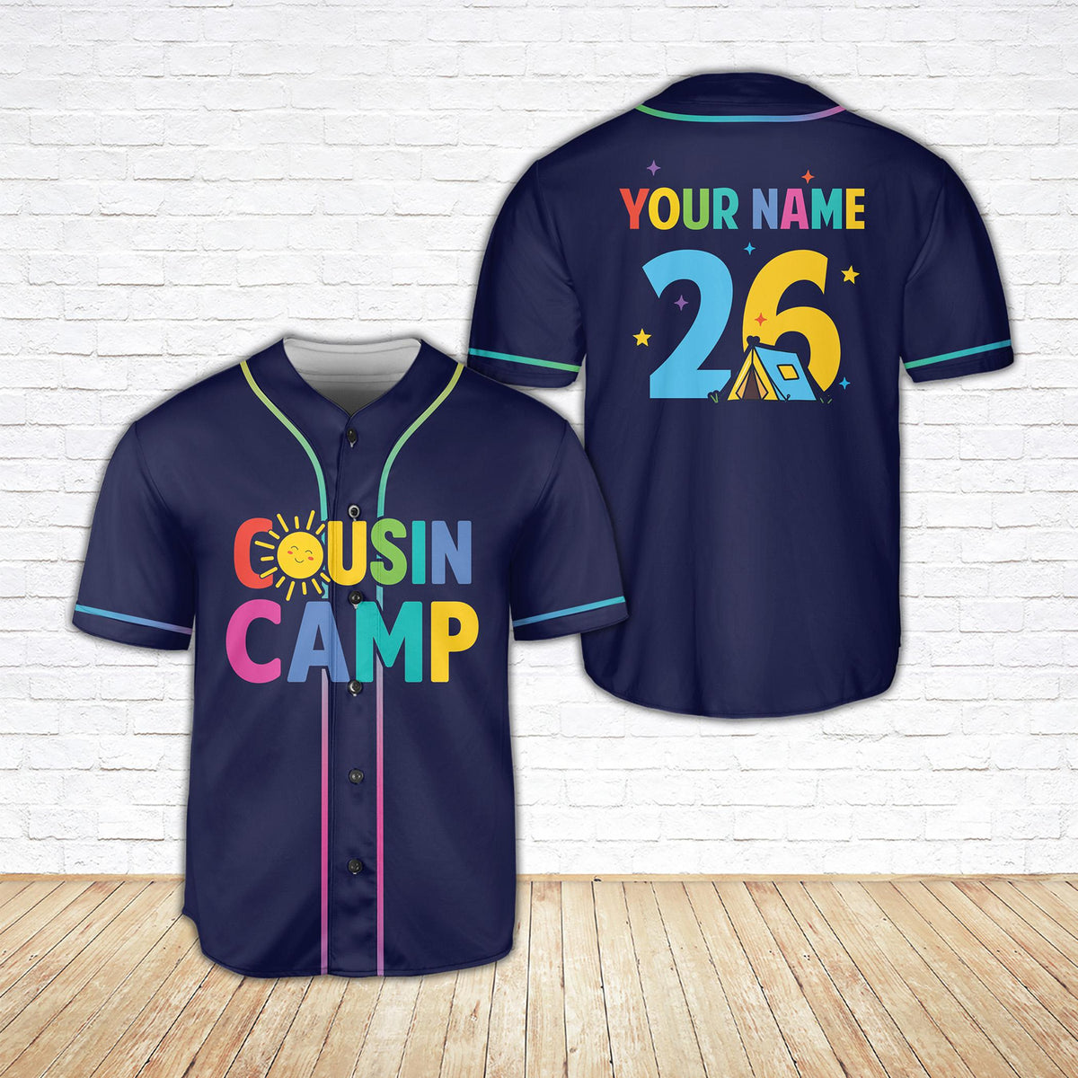 Front view of the navy family camp baseball jersey