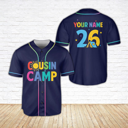 Front view of the navy family camp baseball jersey
