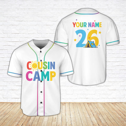Front view of the white family camp baseball jersey