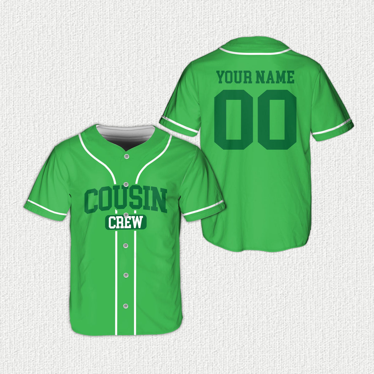 Front view of the personalized family baseball jersey in green