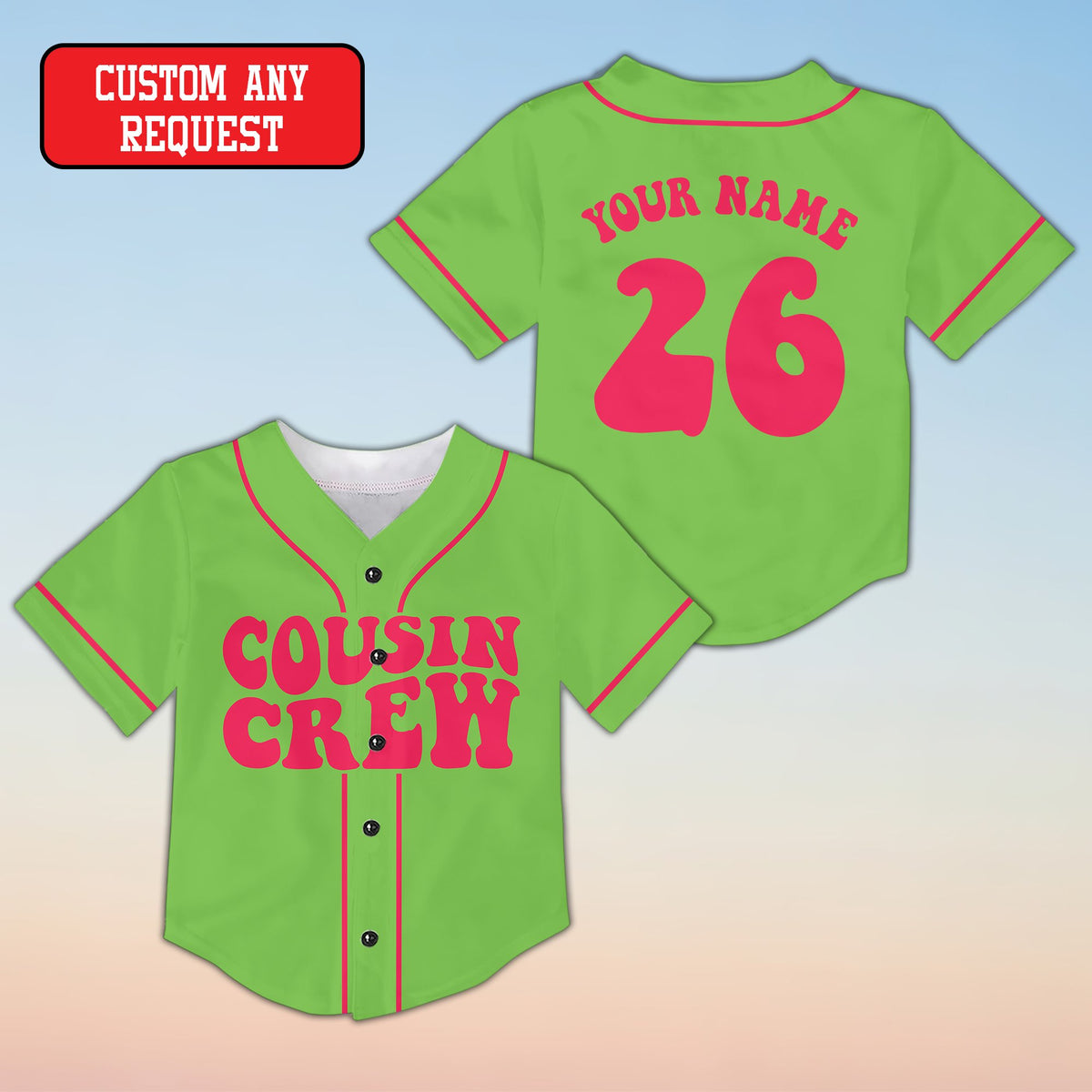 Green family baseball jersey with Cousin Crew retro font, front view