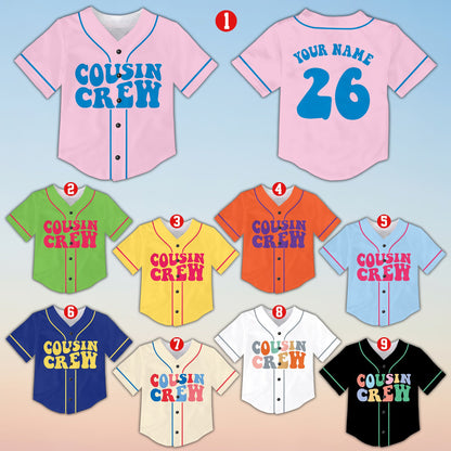 Multicolor family baseball jersey with Cousin Crew retro font, front view