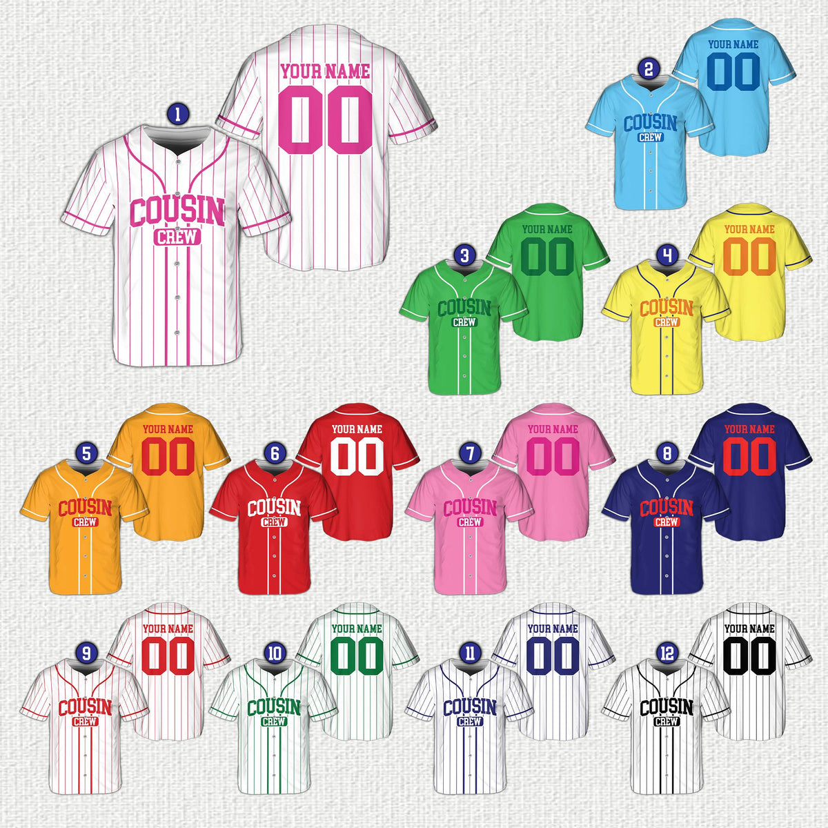 Front view of multiple personalized family baseball jerseys in various colors showing the Cousin Crew design