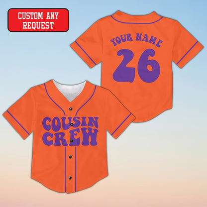 Orange family baseball jersey with Cousin Crew retro font, front view