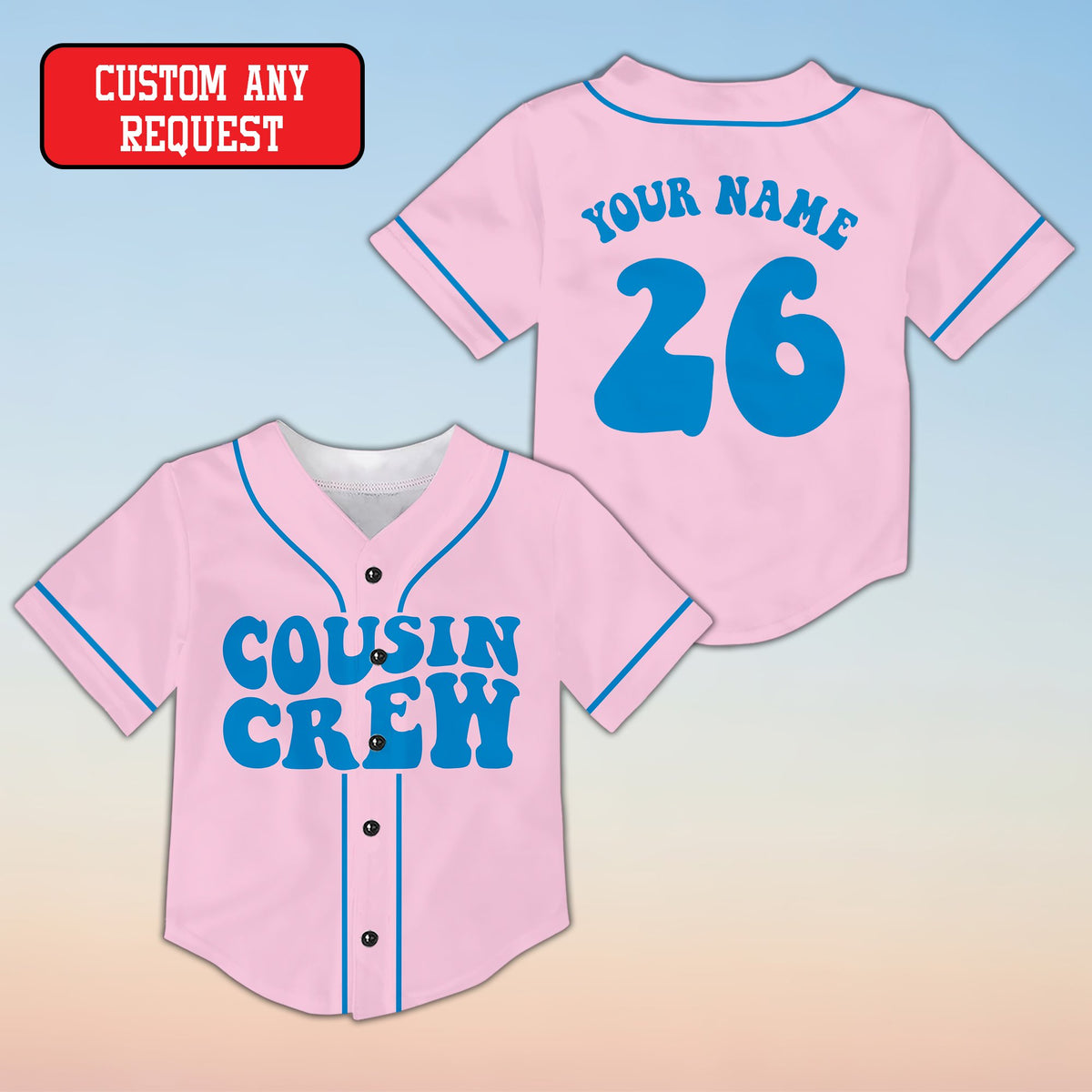 Pink family baseball jersey with Cousin Crew retro font and custom name and number on back, main view