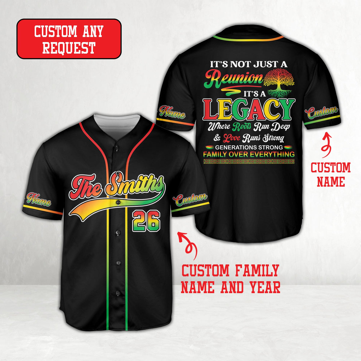 Front view of black family reunion baseball jersey with custom name and number