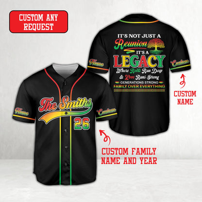 Front view of black family reunion baseball jersey with custom name and number