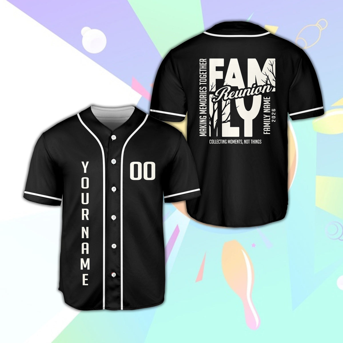 Front view of a personalized family reunion baseball jersey in black featuring custom name and number