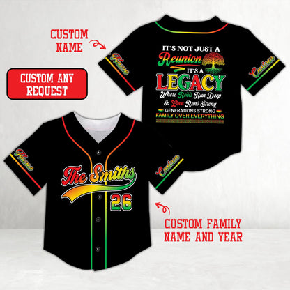 Front view of black family reunion baseball jersey variation