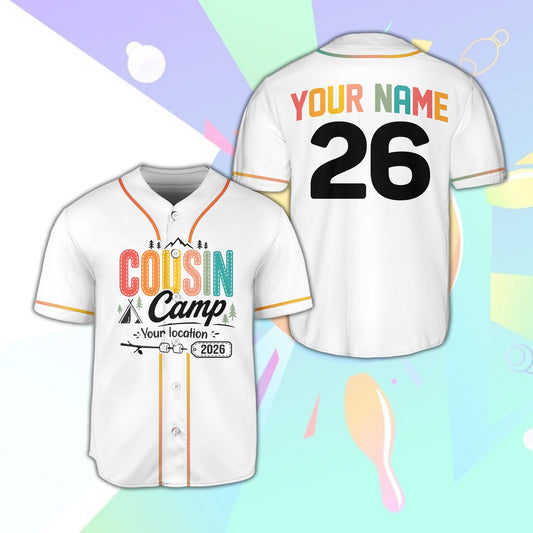 White family reunion / camping baseball jersey featuring Cousin Camp graphic, front view