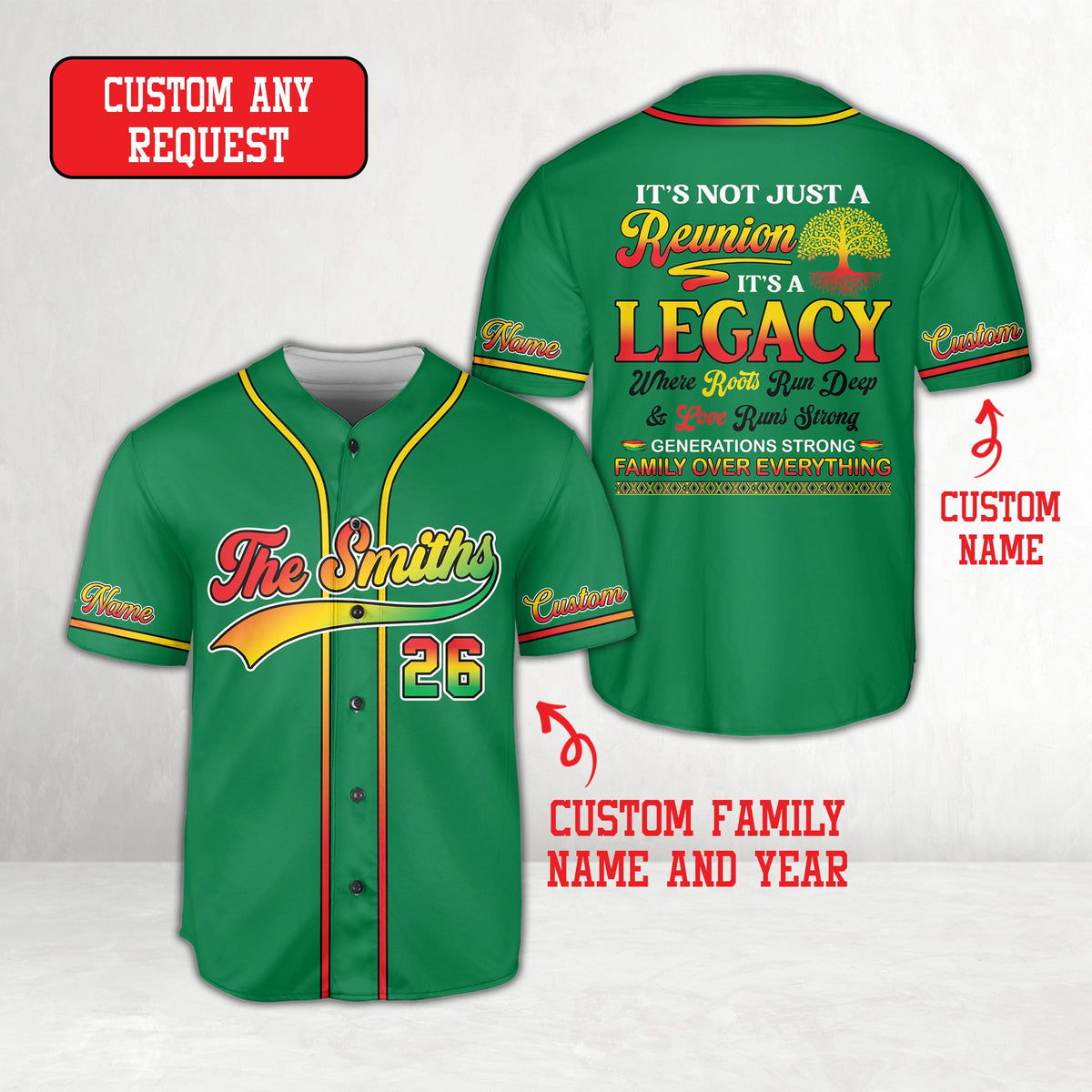 Front view of green family reunion baseball jersey