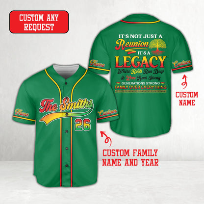 Front view of green family reunion baseball jersey